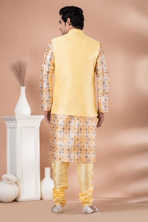 Picture of Marvelous Banarasi Silk Yellow Kurta Pajama With Jacket