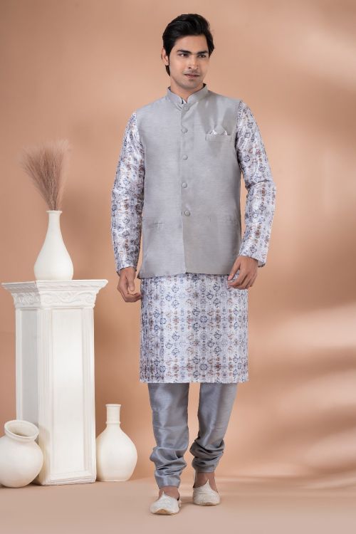 Picture of Gorgeous Banarasi Silk Grey Kurta Pajama With Jacket