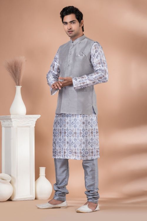 Picture of Gorgeous Banarasi Silk Grey Kurta Pajama With Jacket