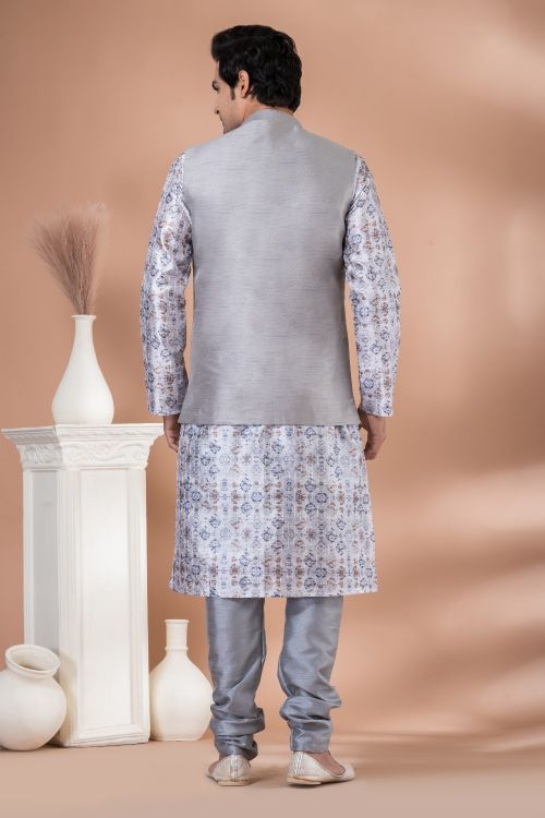 Picture of Gorgeous Banarasi Silk Grey Kurta Pajama With Jacket
