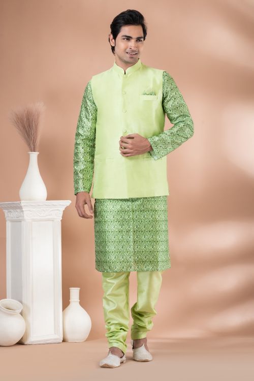 Picture of Enticing Banarasi Silk Light Green Kurta Pajama With Jacket