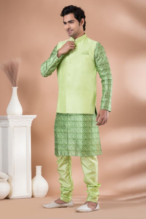 Picture of Enticing Banarasi Silk Light Green Kurta Pajama With Jacket