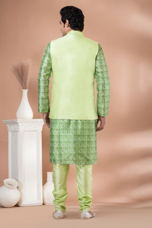 Picture of Enticing Banarasi Silk Light Green Kurta Pajama With Jacket
