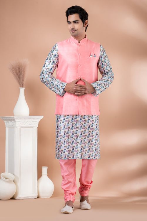 Picture of Lovely Banarasi Silk Pink Kurta Pajama With Jacket