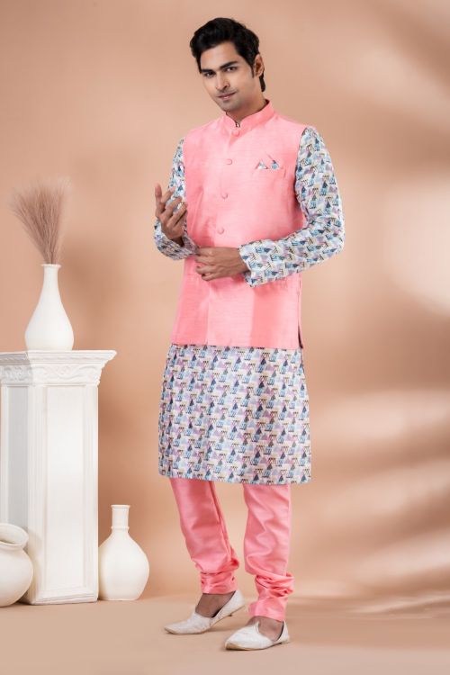 Picture of Lovely Banarasi Silk Pink Kurta Pajama With Jacket