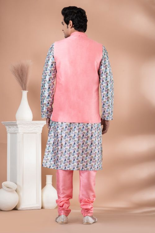 Picture of Lovely Banarasi Silk Pink Kurta Pajama With Jacket
