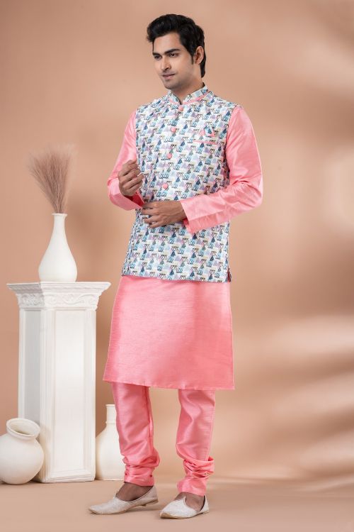 Picture of Delightful Silk Multi Kurta Pajama With Jacket