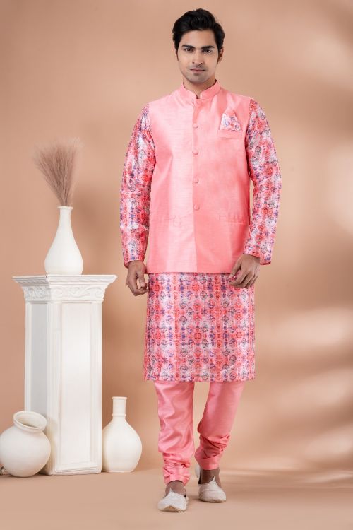 Picture of Comely Banarasi Silk Pink Kurta Pajama With Jacket