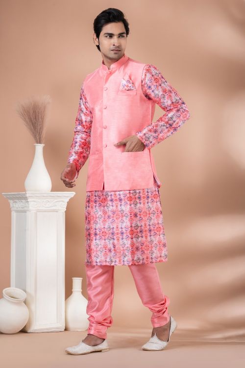 Picture of Comely Banarasi Silk Pink Kurta Pajama With Jacket