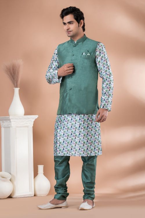 Picture of Classy Silk Green Kurta Pajama With Jacket