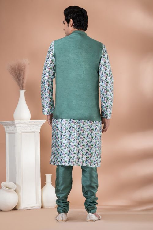 Picture of Classy Silk Green Kurta Pajama With Jacket