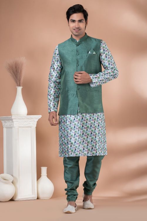 Picture of Classy Silk Green Kurta Pajama With Jacket