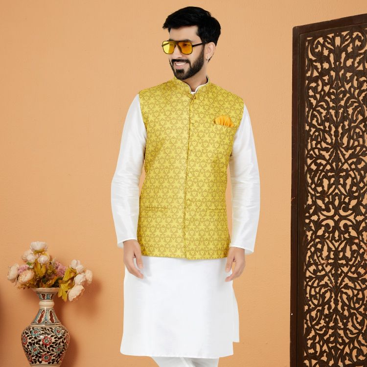 Picture of Delightful Digital Print Cotton Yellow Readymade Nehru Jacket
