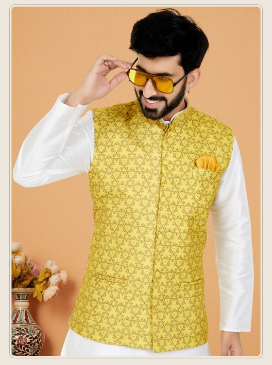 Picture of Delightful Digital Print Cotton Yellow Readymade Nehru Jacket