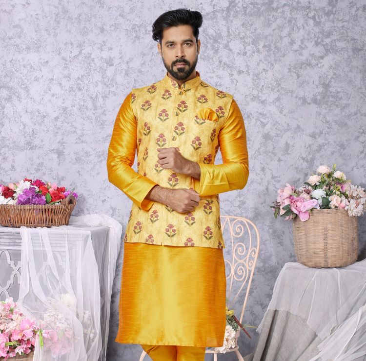 Picture of Charming Digital Print Cotton Yellow Readymade Nehru Jacket
