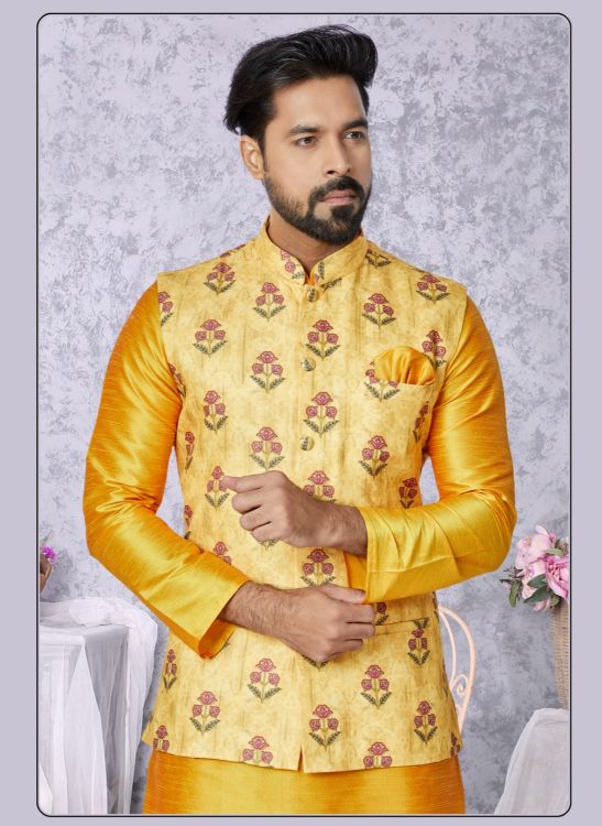 Picture of Charming Digital Print Cotton Yellow Readymade Nehru Jacket