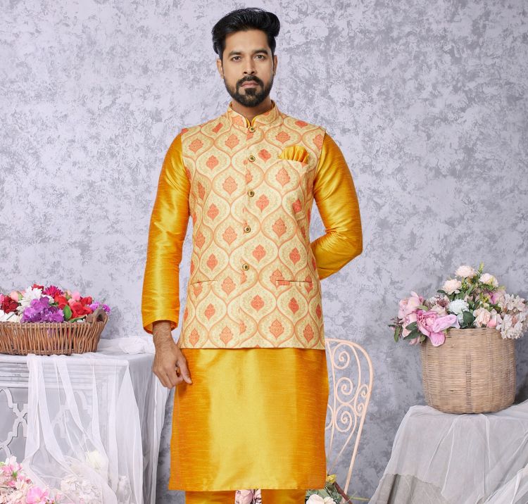 Picture of Sightly Digital Print Cotton Yellow Readymade Nehru Jacket
