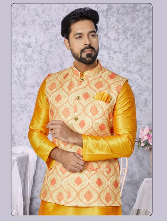 Picture of Sightly Digital Print Cotton Yellow Readymade Nehru Jacket
