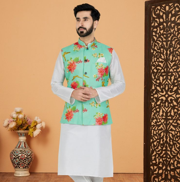 Picture of Ravishing Digital Print Cotton Light Green Readymade Nehru Jacket