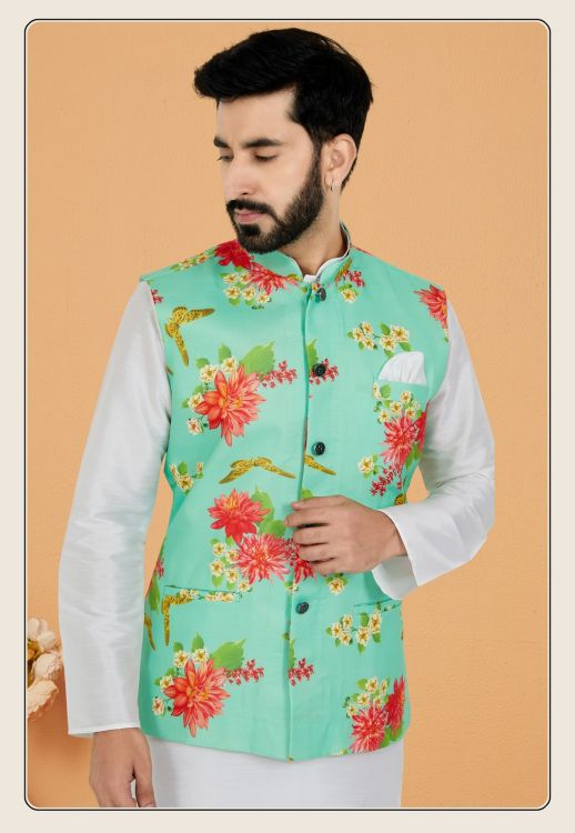 Picture of Ravishing Digital Print Cotton Light Green Readymade Nehru Jacket
