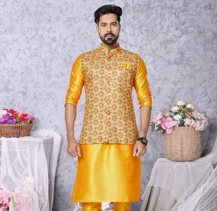 Picture of Classy Digital Print Cotton Yellow Readymade Nehru Jacket