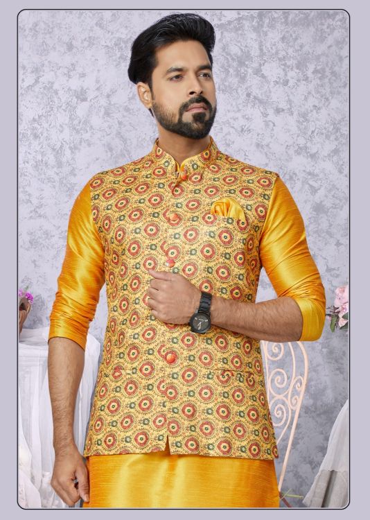 Picture of Classy Digital Print Cotton Yellow Readymade Nehru Jacket
