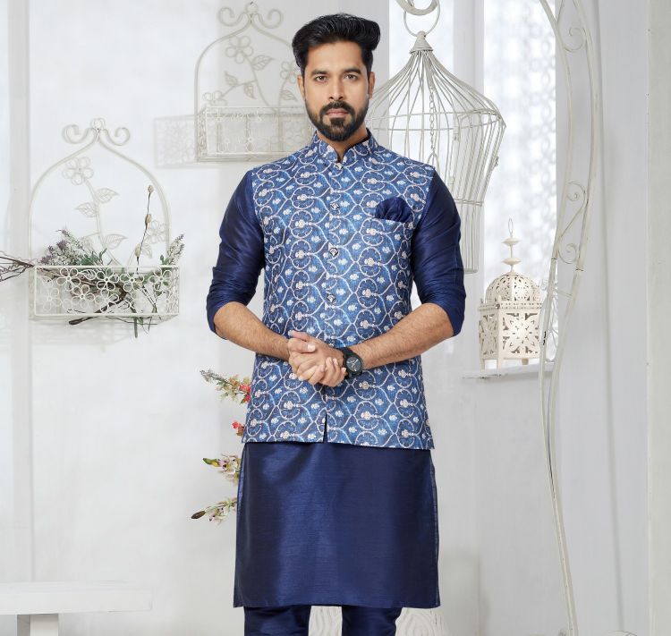 Picture of Beautiful Digital Print Cotton Blue Readymade Nehru Jacket