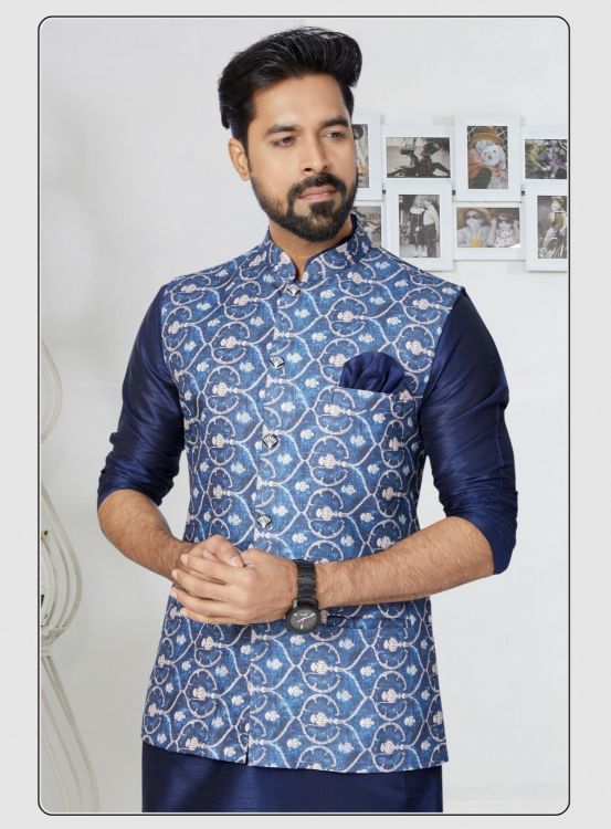 Picture of Beautiful Digital Print Cotton Blue Readymade Nehru Jacket