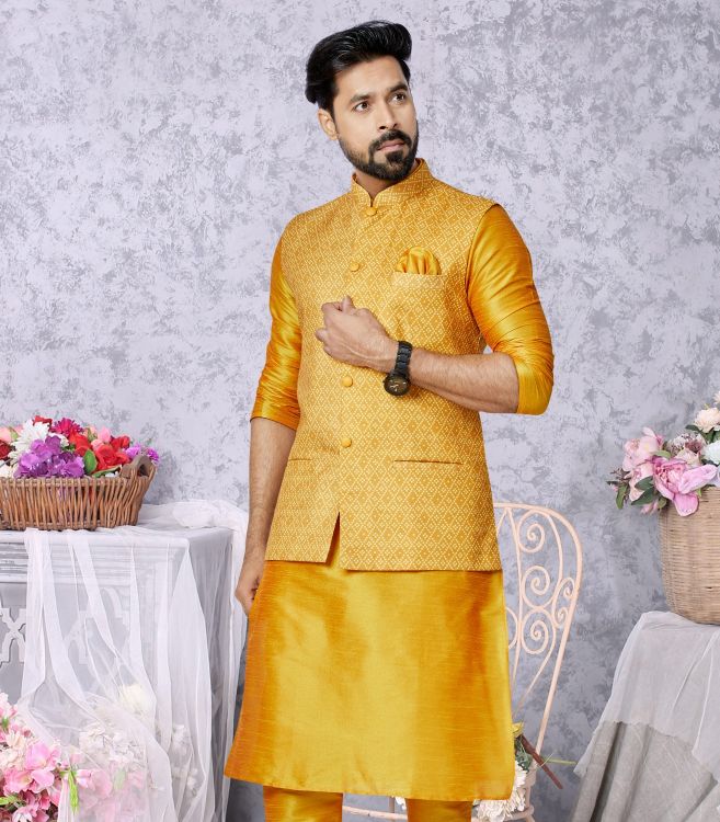 Picture of Marvelous Digital Print Cotton Yellow Readymade Nehru Jacket