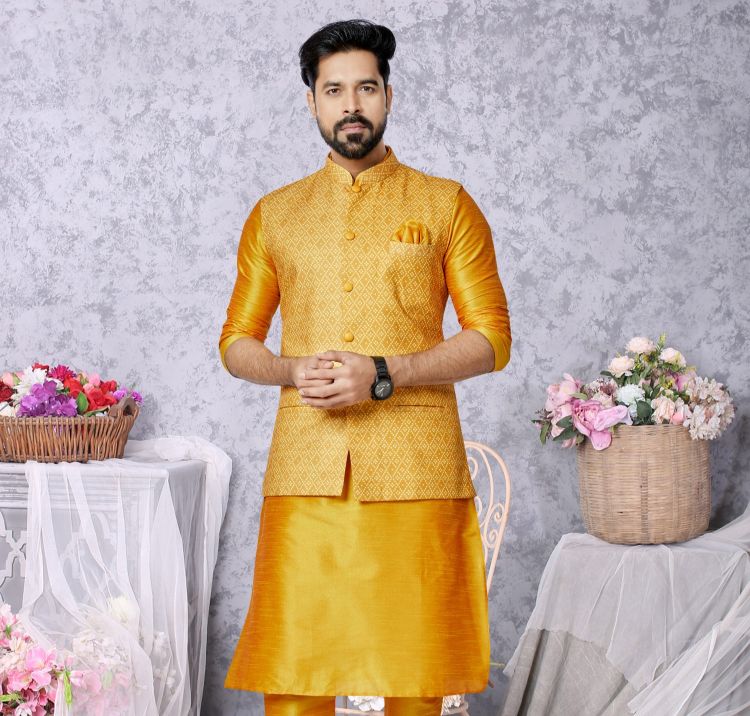 Picture of Marvelous Digital Print Cotton Yellow Readymade Nehru Jacket