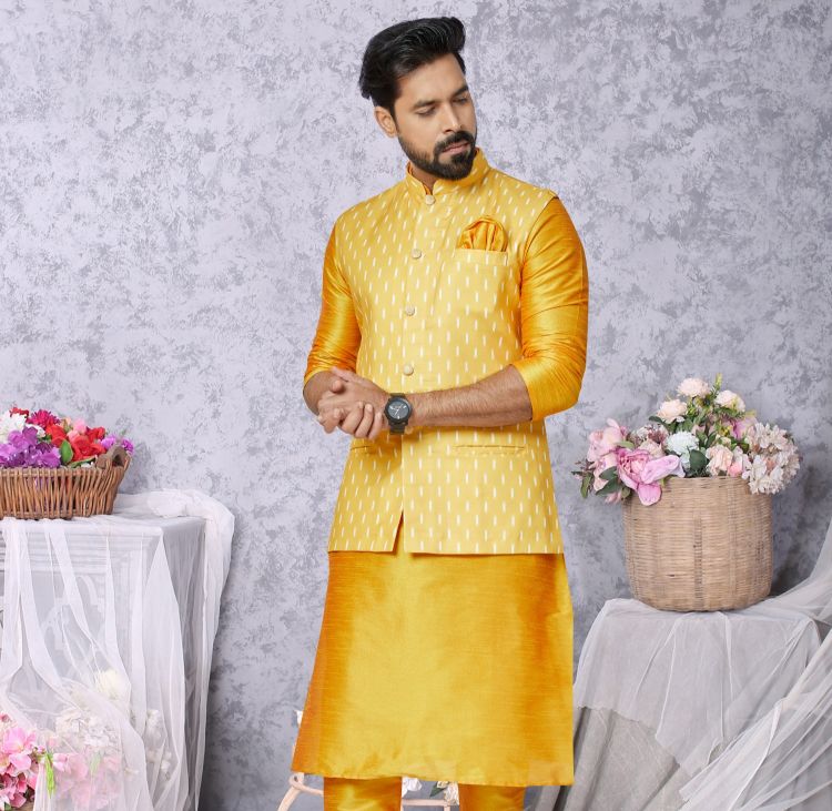 Picture of Stunning Digital Print Cotton Yellow Readymade Nehru Jacket