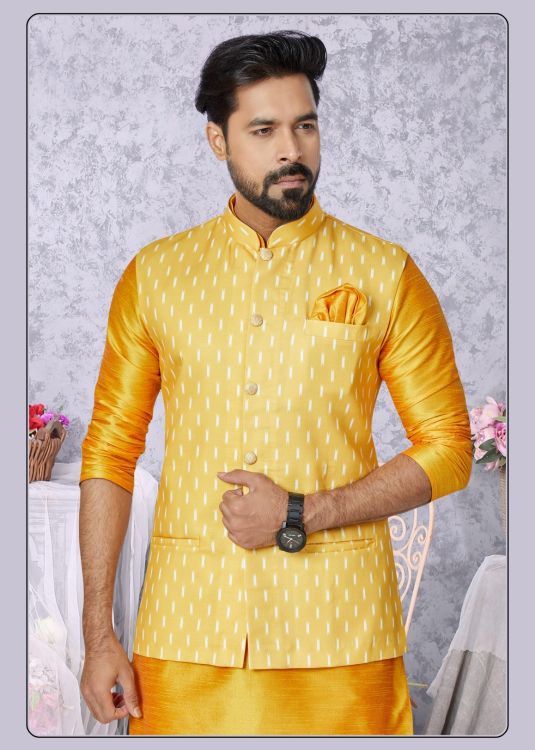 Picture of Stunning Digital Print Cotton Yellow Readymade Nehru Jacket