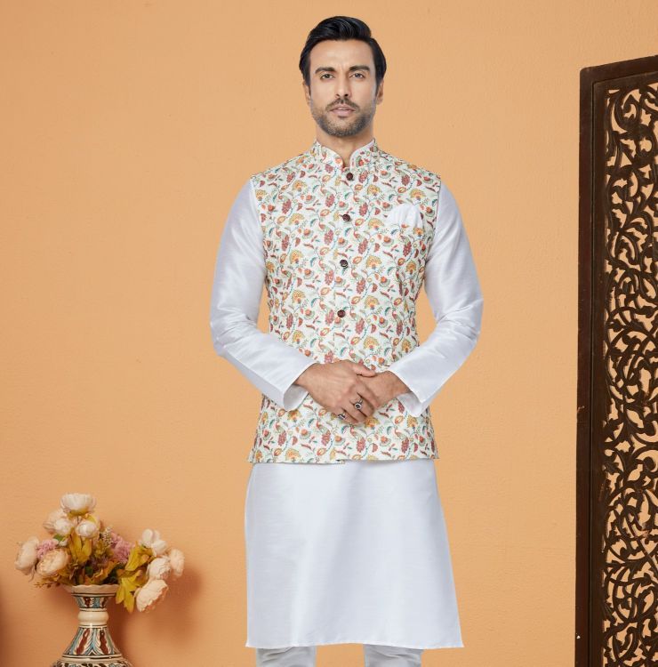 Picture of Ideal Mono Polyester White Readymade Nehru Jacket