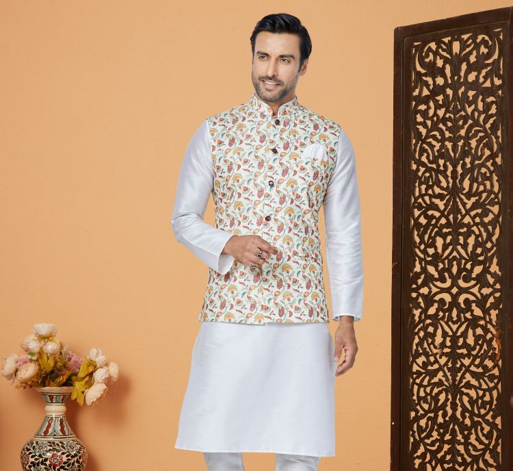 Picture of Ideal Mono Polyester White Readymade Nehru Jacket