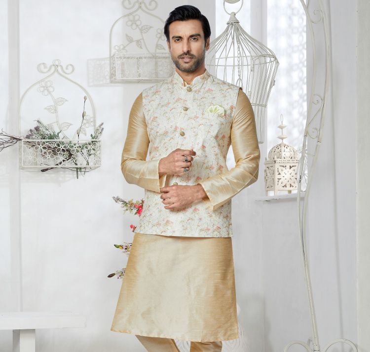 Picture of Ideal Mono Polyester Off White Readymade Nehru Jacket