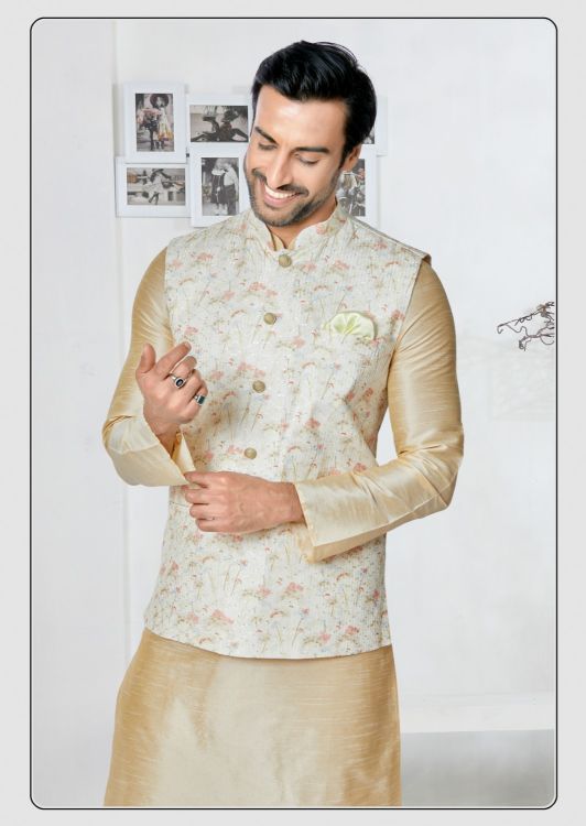 Picture of Ideal Mono Polyester Off White Readymade Nehru Jacket