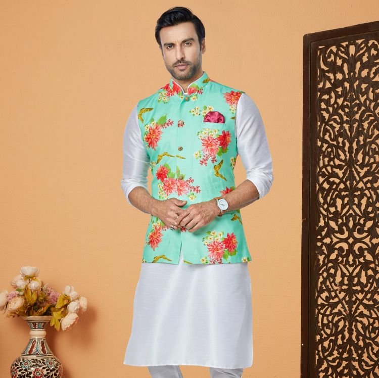 Picture of Superb Digital Print Cotton Mint Readymade Nehru Jacket
