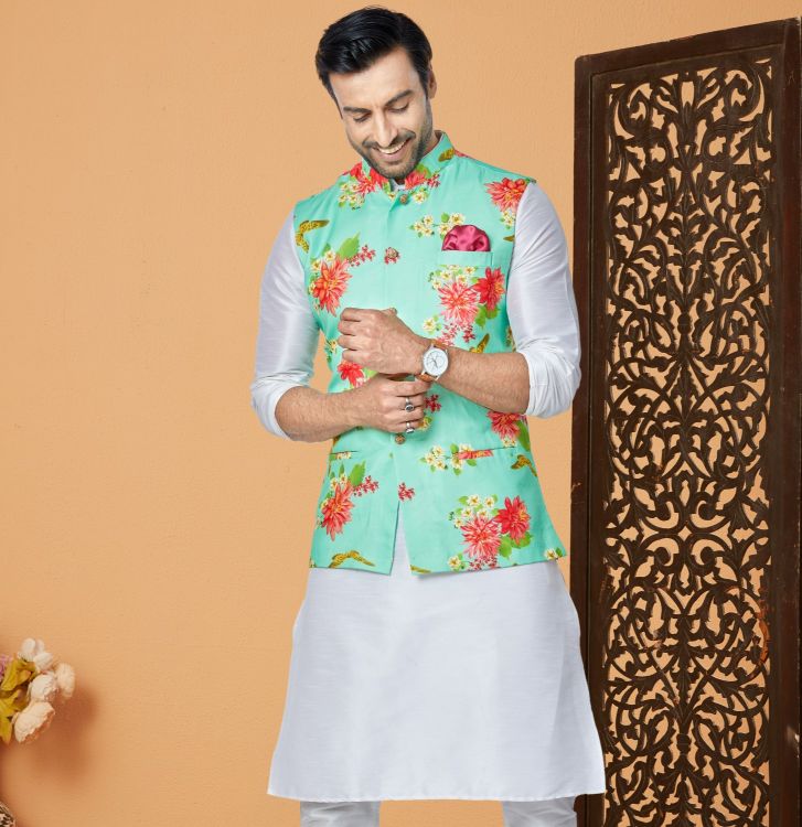 Picture of Superb Digital Print Cotton Mint Readymade Nehru Jacket