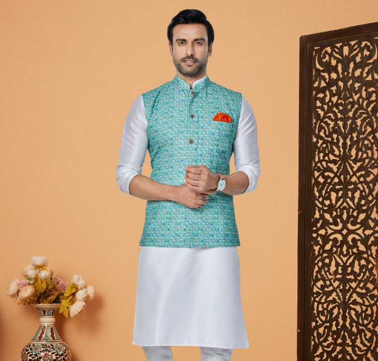 Picture of Beautiful Mono Polyester Blue Readymade Nehru Jacket