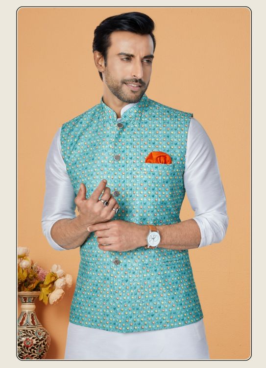 Picture of Beautiful Mono Polyester Blue Readymade Nehru Jacket