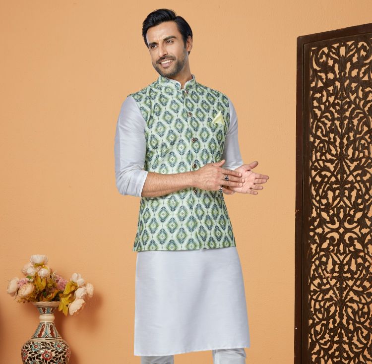 Picture of Fascinating Mono Polyester Off White Readymade Nehru Jacket