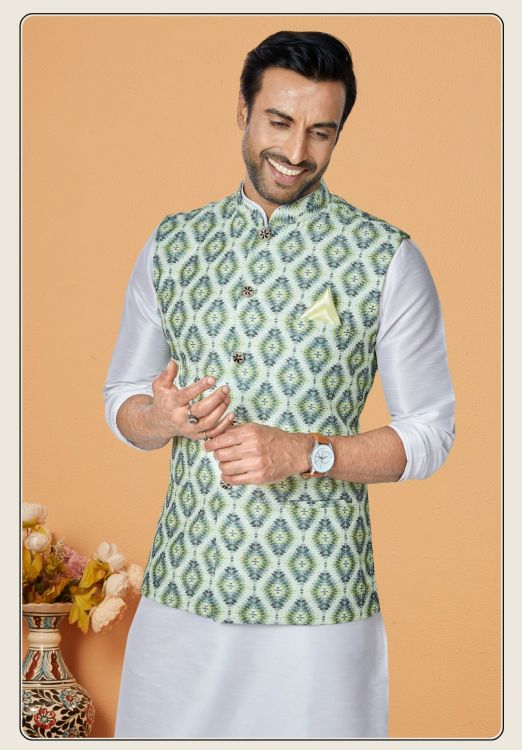 Picture of Fascinating Mono Polyester Off White Readymade Nehru Jacket