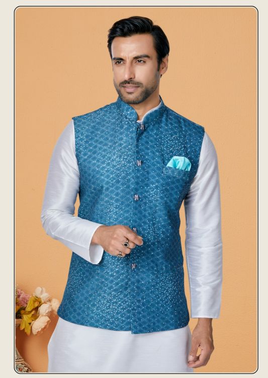 Picture of Wonderful Mono Polyester Blue Readymade Nehru Jacket