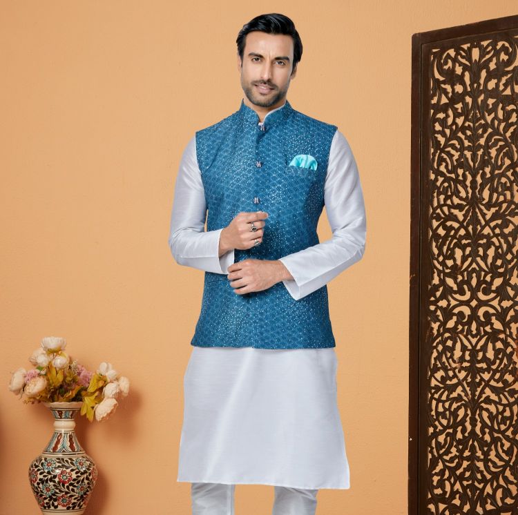 Picture of Wonderful Mono Polyester Blue Readymade Nehru Jacket