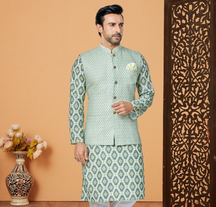 Picture of Enticing Mono Polyester Light Green Readymade Nehru Jacket