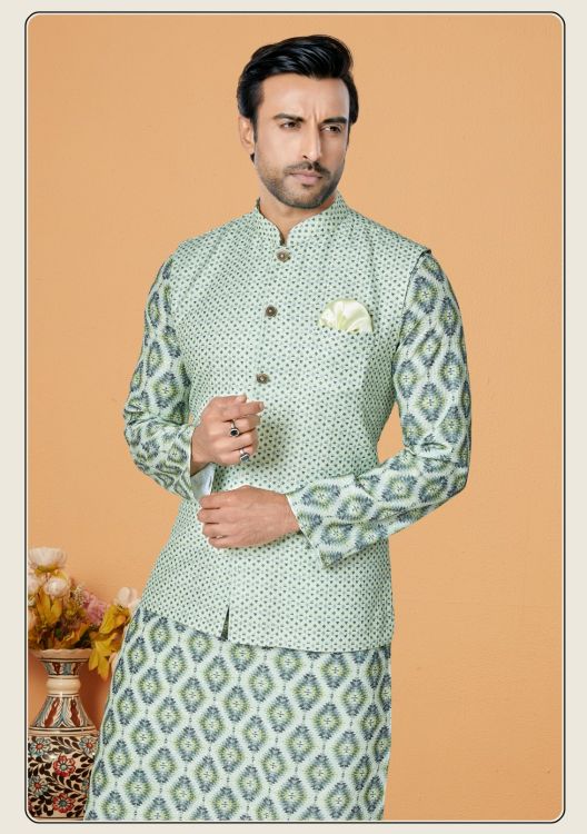 Picture of Enticing Mono Polyester Light Green Readymade Nehru Jacket