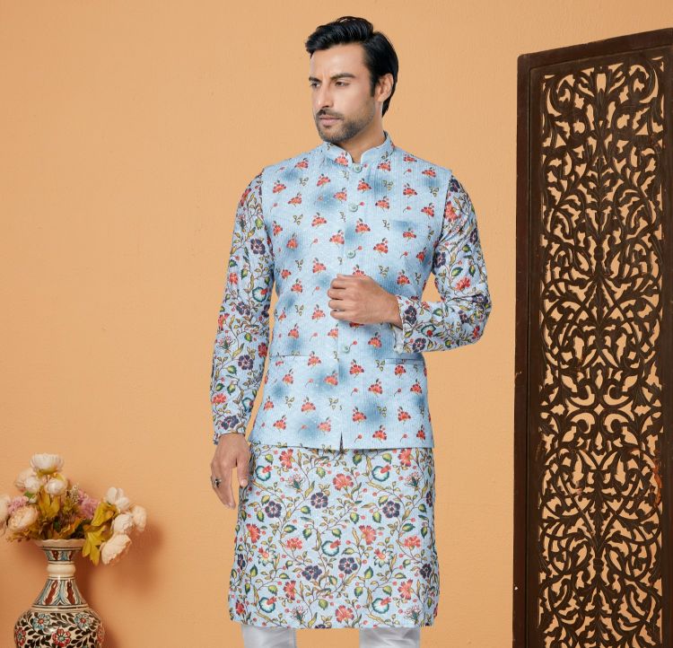 Picture of Enticing Mono Polyester Sky Blue Readymade Nehru Jacket