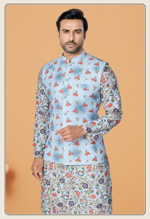 Picture of Enticing Mono Polyester Sky Blue Readymade Nehru Jacket