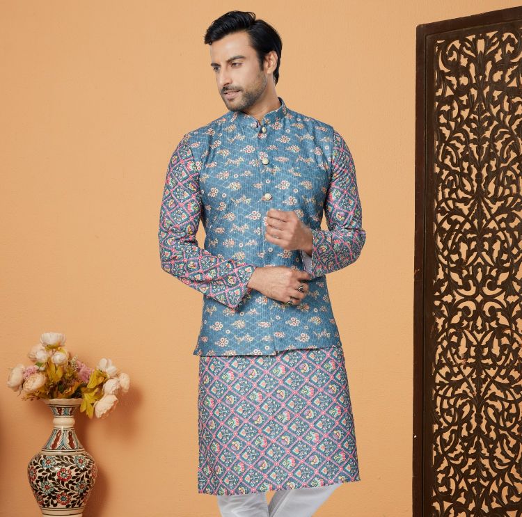 Picture of Comely Mono Polyester Blue Readymade Nehru Jacket