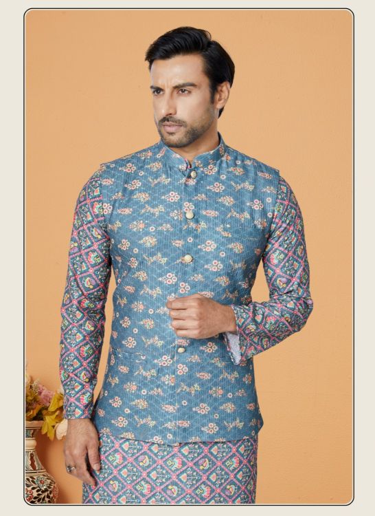 Picture of Comely Mono Polyester Blue Readymade Nehru Jacket